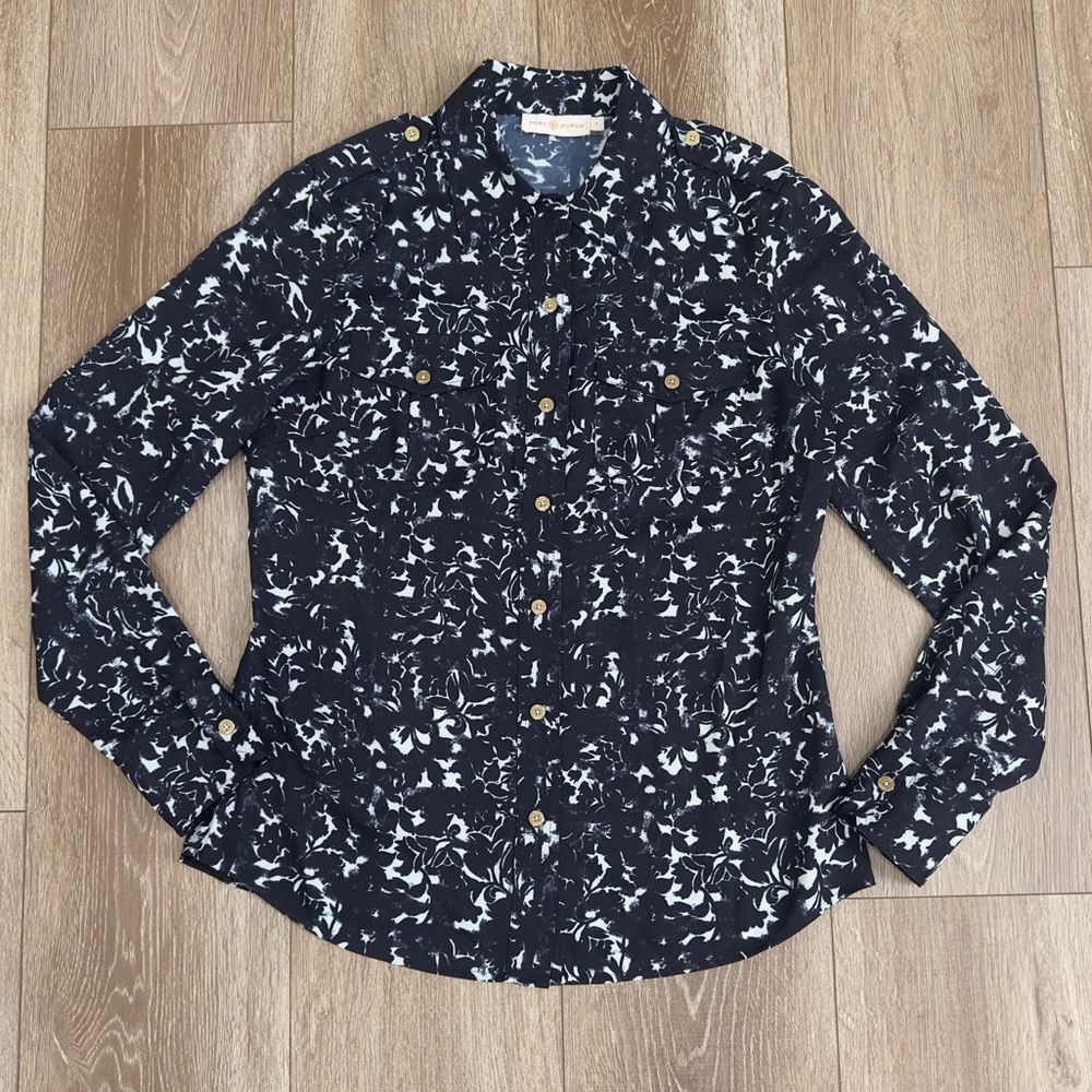 TORY BURCH Size 4 Brigitte Floral Black Gesso Button Down Shirt Blouse